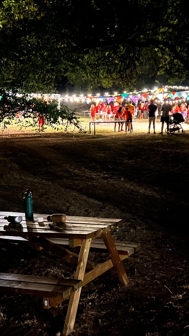 Fiesta nocturna con luces en el exterior de la finca